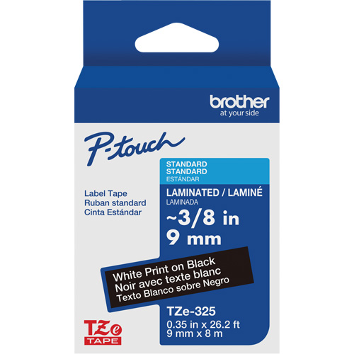 P-touch&reg; Labeling Systems, 9 mm x 314.96" or 8 m, White on Black Mukwa Safety Services