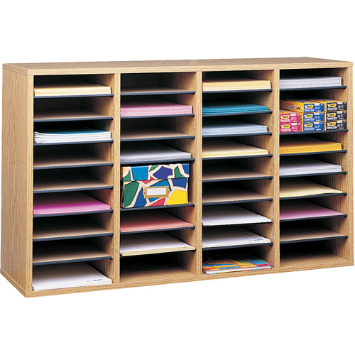 Adjustable Compartment Literature Organizer, Stationary, 36 Slots, Wood, 39-1/4" W x 11-3/4" D x 24" H Mukwa Safety Services