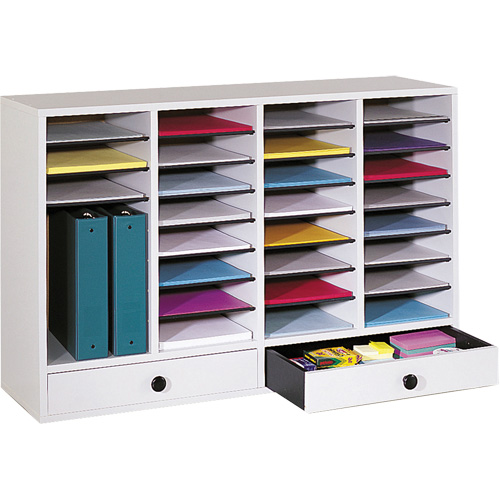 Adjustable Compartment Literature Organizer, Stationary, 34 Slots, Wood, 39-1/4" W x 11-3/4" D x 25-1/4" H Mukwa Safety Services