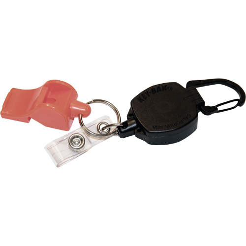 D&eacute;rouleur autor&eacute;tractable pour carte d'identit&eacute; et cl&eacute;s avec sifflet, M&eacute;tal en alliage de zinc, C&acirc;ble 24", Fixation Mousqueton Mukwa Safety Services
