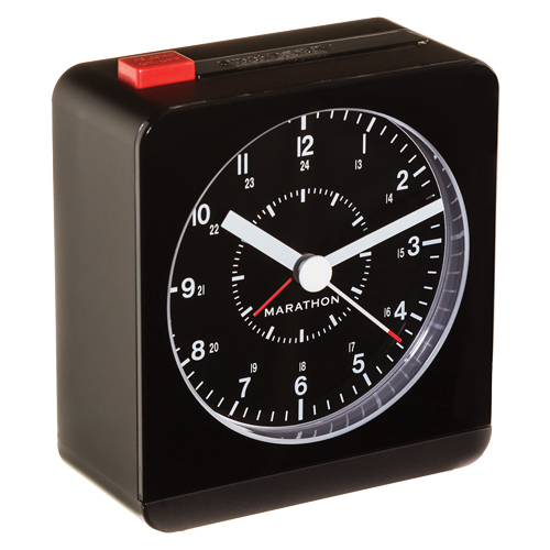 Desk Alarm Clock, Analog, Battery Operated, 3.5" W x 1.5" D x 3.75" H, Black Mukwa Safety Services