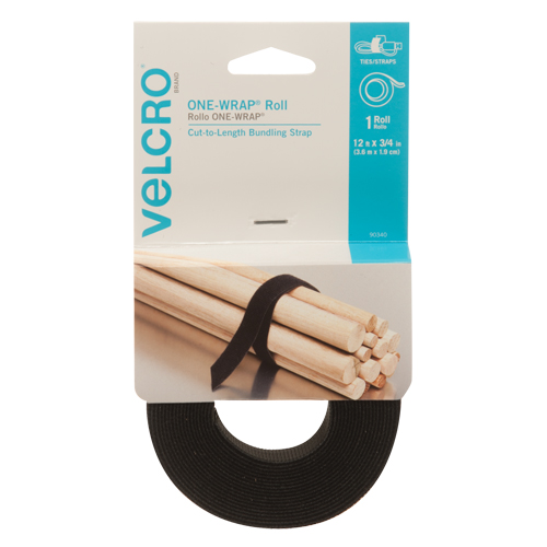 Ruban d'attaches One-Wrap, Boucle et crochet, 12' x 3/4", Auto-aggripant, Noir Mukwa Safety Services