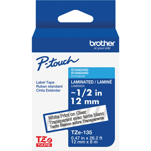 Ruban lamin&eacute; pour P-Touch, 12 mm x 8 m, Blanc sur transparent Mukwa Safety Services