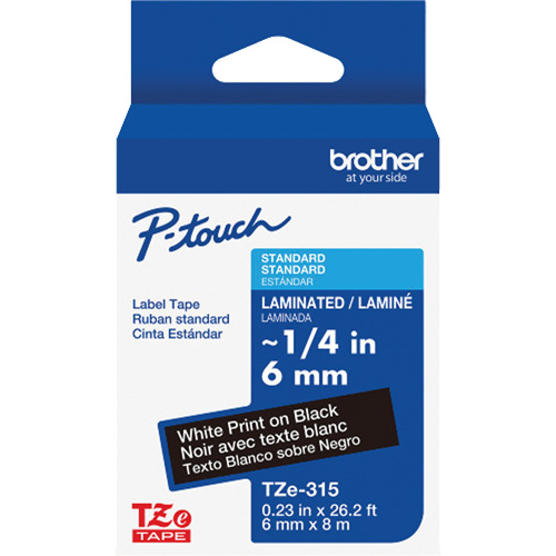 Ruban lamin&eacute; TZe-315 pour &eacute;tiqueteuses P-Touch compatibles avec les rubans TZe, Blanc sur noir, Largeur de 0,23" Mukwa Safety Services