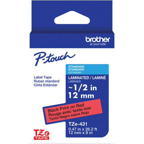 Ruban lamin&eacute; TZe-431 pour &eacute;tiqueteuses P-Touch compatibles avec les rubans TZe, 12 mm x 8 m, Noir/rouge Mukwa Safety Services