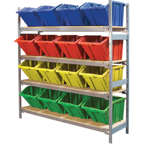 Wide Span Shelving with Jumbo Plastic Bins, Steel, Boltless, Starter, 66" W x 72" H x 18" D Mukwa Safety Services