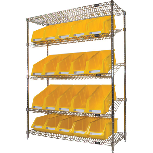 Slanted Wire Shelf with Bins, 5 Tiers, 48" W x 63" H x 18" D Mukwa Safety Services