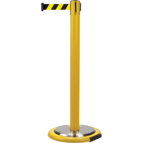 Barri&egrave;res sur pieds pour le contr&ocirc;le des foules, Acier, 35" h, Ruban Noir/Jaune, Longueur du ruban 7' Mukwa Safety Services