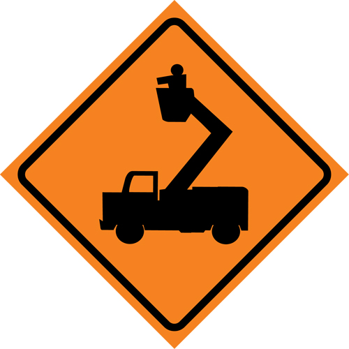 Man in Elevated Bucket Roll-Up Traffic Sign, 29-1/2" x 29-1/2", Vinyl, Pictogram Mukwa Safety Services