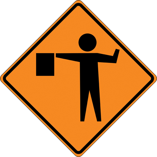 Tilt-Adjust Flagman Ahead Roll-Up Construction Sign, 36" x 36", Vinyl, Pictogram Mukwa Safety Services