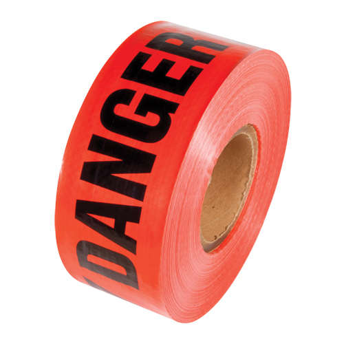 Reinforced Grade Barricade Tape, English, 3" W x 500' L, 5 mils, Black on Red Mukwa Safety Services