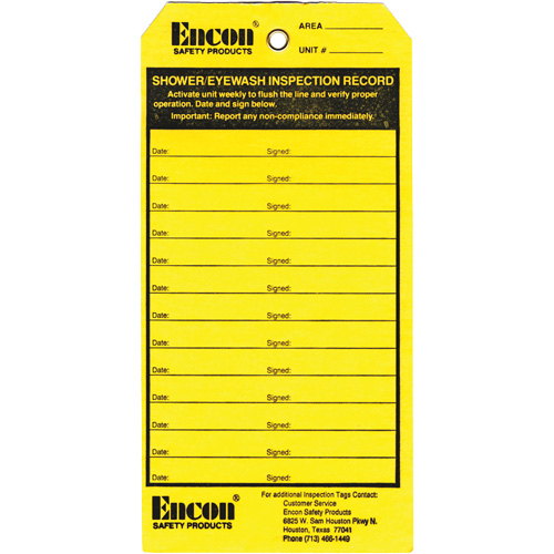 Emergency Shower & Eyewash Inspection Record Tag, Cardstock, 3-1/8" W x 6-1/4" H, English Mukwa Safety Services
