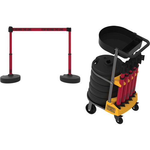 PLUS Barrier Post Cart Kit with Tray, 75' L, Metal, Red Mukwa Safety Services