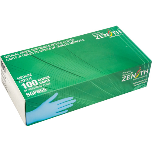 Gants jetables de calibre m&eacute;dical r&eacute;sistants &agrave; la perforation, Moyen, Nitrile, 3,5 mils, Sans poudre, Bleu, Classe 2 Mukwa Safety Services