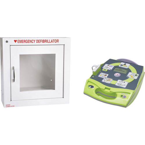 AED Plus&reg; Defibrillator with Alarmed Flush Wall Cabinet, Automatic, English, Class 4 Mukwa Safety Services
