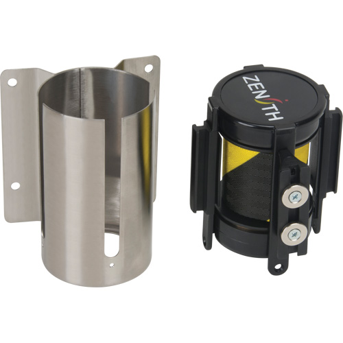 Wall Mount Barrier with Magnetic Tape, Steel, Screw Mount, 7', Black and Yellow Tape Mukwa Safety Services