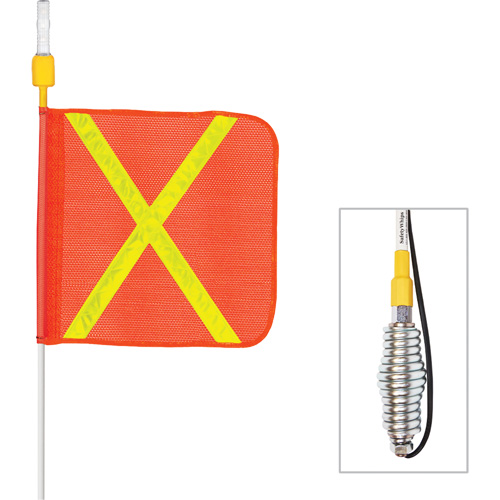 Tiges de s&eacute;curit&eacute; tout-temps de s&eacute;rie lourde avec lumi&egrave;re DEL constante Safety Whip, Fixation Ressort, Hauteur 5', Orange avec X r&eacute;fl&eacute;chissant Mukwa Safety Services