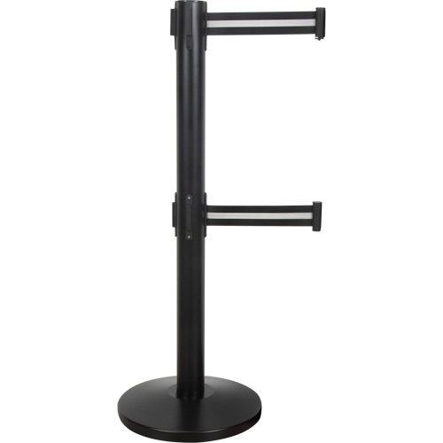 Dual Belt Crowd Control Barrier, Steel, 35" H, Black/White Tape, 7' Tape Length Mukwa Safety Services