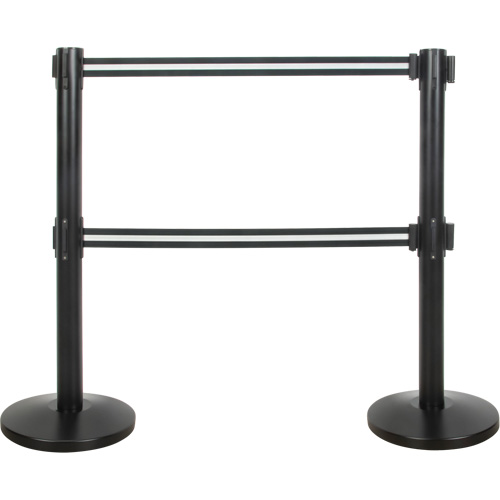 Dual Belt Crowd Control Barrier, Steel, 35" H, Black/White Tape, 7' Tape Length Mukwa Safety Services