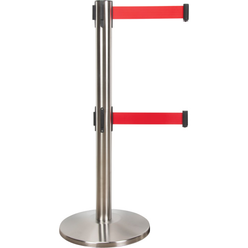 Barri&egrave;re pour le contr&ocirc;le des foules &agrave; courroie double, Acier, 35" h, Ruban Rouge, Longueur du ruban 7' Mukwa Safety Services