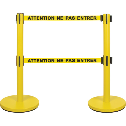 Barri&egrave;re pour le contr&ocirc;le des foules &agrave; courroie double, Acier, 35" h, Ruban Jaune, Longueur du ruban 7' Mukwa Safety Services