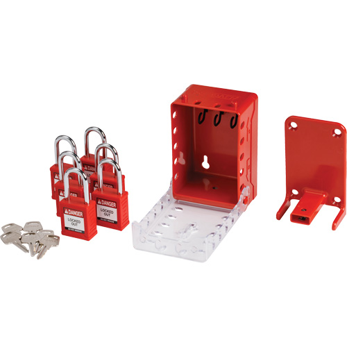 Boîte de cadenassage de groupe ultra compacte avec cadenas de s&eacute;curit&eacute; en nylon, Rouge Mukwa Safety Services