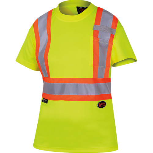 6949 Women's Bird's-Eye Safety T-Shirt, Polyester, X-Small, High Visibility Lime-Yellow Mukwa Safety Services