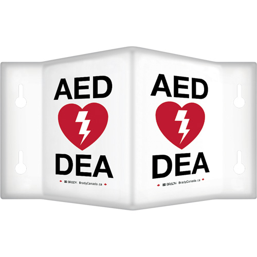 90° Projecting "AED/DEA" Sign, 9" x 6", Plastic, Bilingual with Pictogram Mukwa Safety Services
