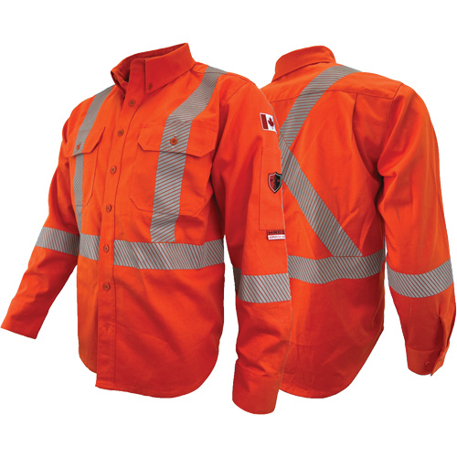 Chandail de travail &agrave; manches longues ignifuge et r&eacute;sistant &agrave; l'arc &eacute;lectrique avec bandes de 2" Atlas Guardian, T-petit, Orange haute visibilit&eacute; Mukwa Safety Services