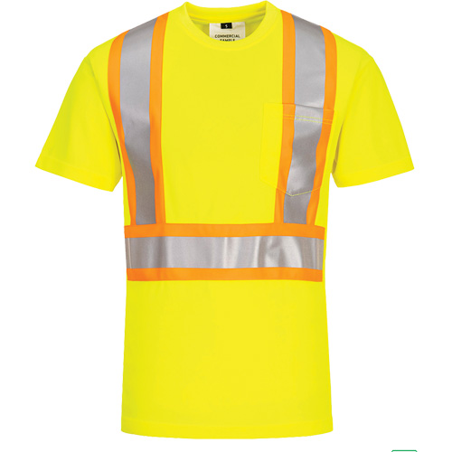 Contrast-Striped Safety T-Shirt, Polyester, Small, High Visibility Lime-Yellow Mukwa Safety Services