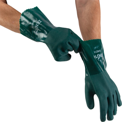 Double Dipped Green Gloves, 12" L, PVC, Cotton Jersey Inner Lining, 70-mil Mukwa Safety Services
