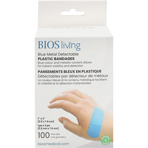 Bandages hydrofug&eacute;s bleu, Rectangulaire/carr&eacute;e, 3", Plastique d&eacute;tectable, St&eacute;rile Mukwa Safety Services