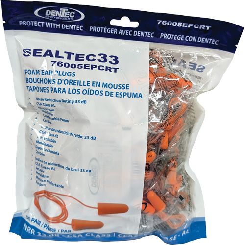 Bouchons d'oreilles coniques jetables en mousse de PU orange SEALTEC33, Vrac - Sac en poly, Avec cordon Mukwa Safety Services