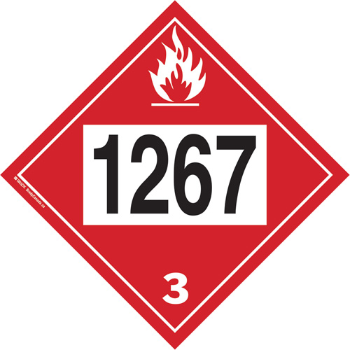 Plaque-&eacute;tiquette TMD 1267 pour liquide inflammable p&eacute;trole brut, Vinyle adh&eacute;sif Mukwa Safety Services