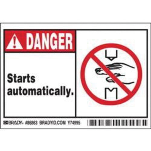 "Danger Starts Automatically" Sign, 3-1/2" x 5", Polyester, English with Pictogram Mukwa Safety Services
