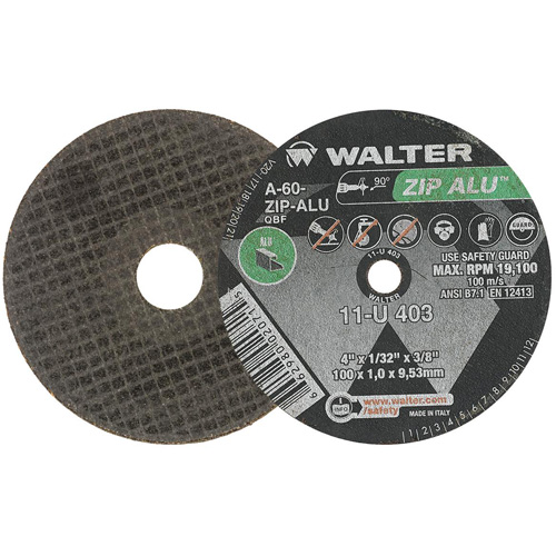 ZIP ALU Cutting Wheel, 4" x 1/32", 3/8" Arbor, Type 1, Aluminum Oxide, 19100 RPM Mukwa Safety Services