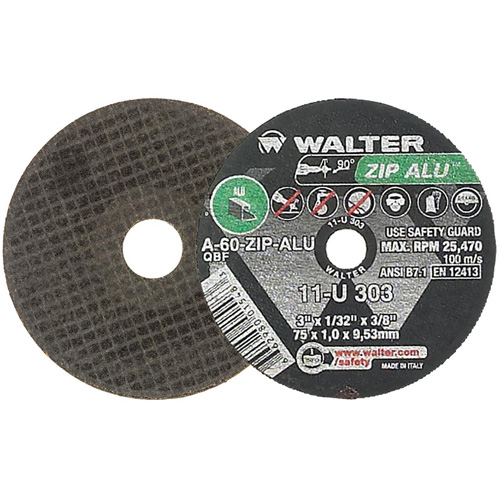 ZIP ALU Cutting Wheel, 3" x 1/32", 3/8" Arbor, Type 1, Aluminum Oxide, 25470 RPM Mukwa Safety Services