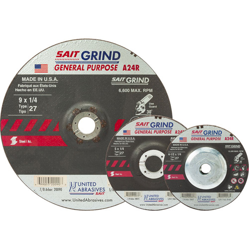A24R Long Life Grinding Wheel, 9" x 1/4", 7/8" Arbor, Aluminum Oxide, Type 27 Mukwa Safety Services