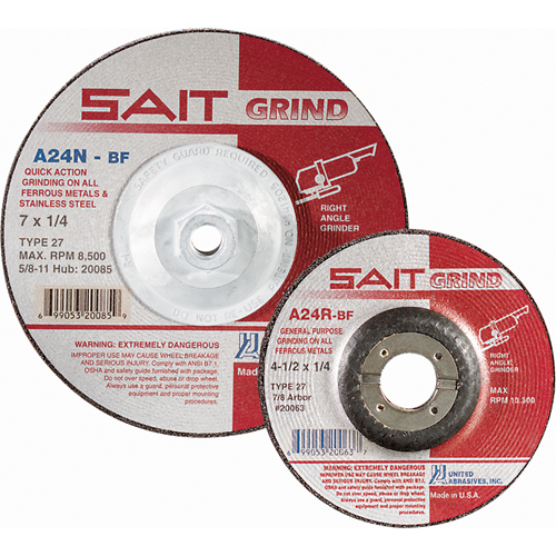 A24N Fast Grinding Wheel, 7" x 1/4", 7/8" Arbor, Aluminum Oxide, Type 27 Mukwa Safety Services