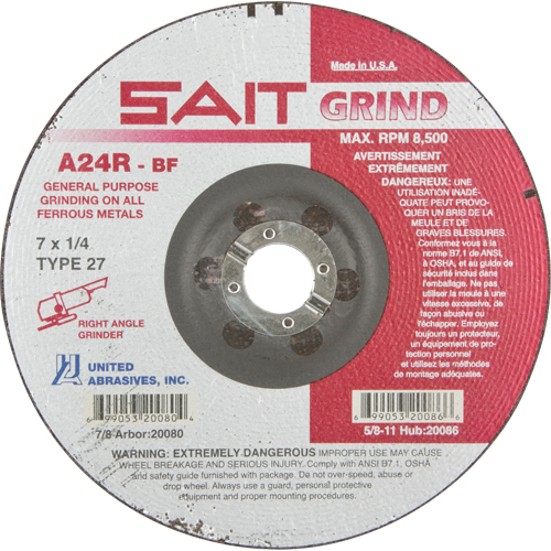 A24R Long Life Grinding Wheel, 7" x 1/4", 7/8" Arbor, Aluminum Oxide, Type 27 Mukwa Safety Services