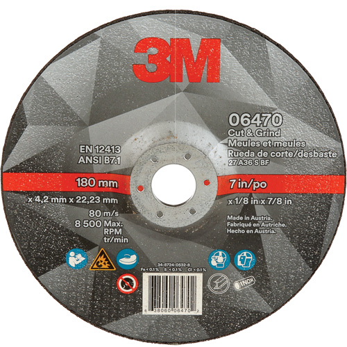 Cut & Grind Wheel, 7" x 1/8", 7/8" Arbor, Type 27, Ceramic Mukwa Safety Services