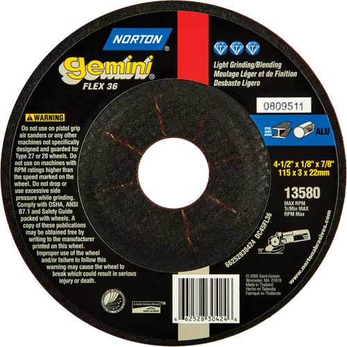Mini meule &agrave; moyeu d&eacute;port&eacute; flexible Gemini, 4-1/2" x 1/8", Arbre 7/8", Oxyde d'aluminium, Type 27 Mukwa Safety Services