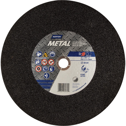 Meule Metal A pour scie &agrave; tronçonner, 14" x 3/32", Arbre de 1", Type 01/41, Oxyde d'aluminium, 4365 Tr/min Mukwa Safety Services
