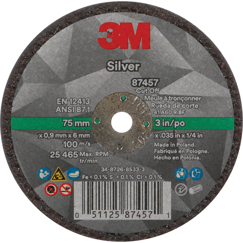 Silver Cut-Off Wheel, 3" x 0.04", 1/4"-28 Arbor, Type 1, Ceramic, 25645 RPM Mukwa Safety Services