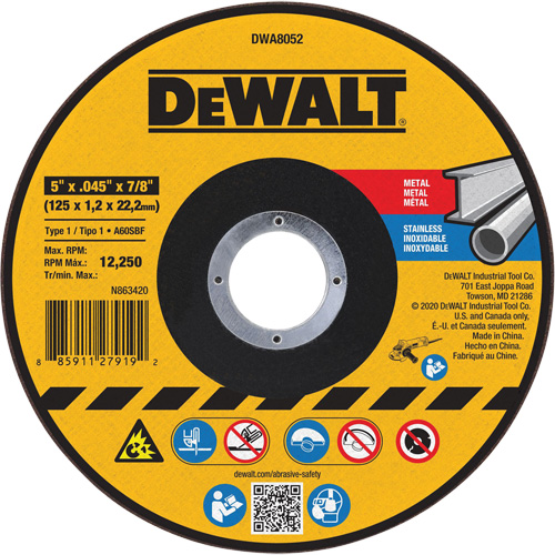 Meule de tronçonnage des m&eacute;taux, 5" x 0,045", Arbre 7/8", Oxyde d'aluminium, Type 1 Mukwa Safety Services