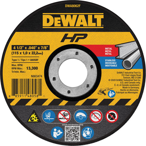 Meule de tronçonnage des m&eacute;taux HP, 4-1/2" x 0,04", Arbre de 7/8", Type 1, Oxyde d'aluminium, 13 300 Tr/min Mukwa Safety Services