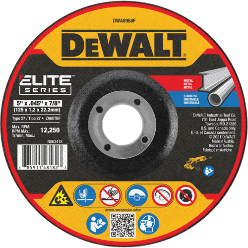 Meule de tronçonnage des m&eacute;taux s&eacute;rie Elite, 5" x 0,045", Arbre 7/8", Alumine de zirconium, Type 27 Mukwa Safety Services