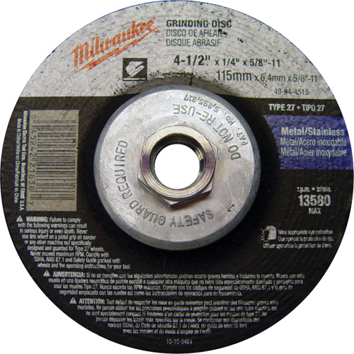 Meule, 4-1/2" x 1/4", Arbre 5/8"-11, Oxyde d'aluminium, Type 27 Mukwa Safety Services