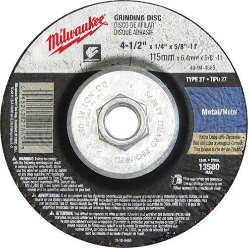 Grinding Wheel, 4-1/2" x 1/8", 5/8"-11 Arbor, Aluminum Oxide, Type 27 Mukwa Safety Services