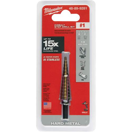 Step Drill Bit, 1/8"/#1 - 1/2"/#1 , 1/32" Increments, High Speed Cobalt Mukwa Safety Services